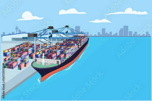 Illustration vector of Container cargo ship is loading logistics at commercial dock or international sea port with city background. Freight vessel loaded with containers docked in marine harbor. 