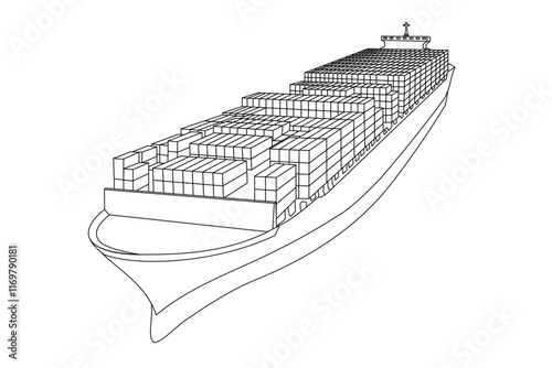 Cargo Ship Container line art vector illustration isolated on transparent background. Container cargo vessel freight, Global business import export commercial trade logistic 