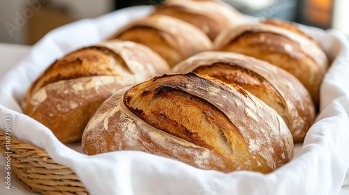 Freshly baked artisan bread loaves with golden crusts resting on a white cloth, showcasing a perfect blend of texture and warmth. photo