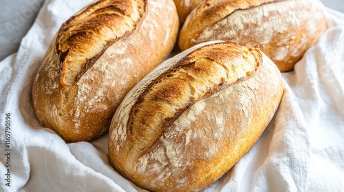 Freshly baked artisan bread loaves with golden crusts resting on a white cloth, showcasing a perfect blend of texture and warmth. photo