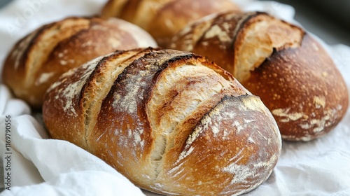 Freshly baked artisan bread loaves with golden crusts resting on a white cloth, showcasing a perfect blend of texture and warmth. photo