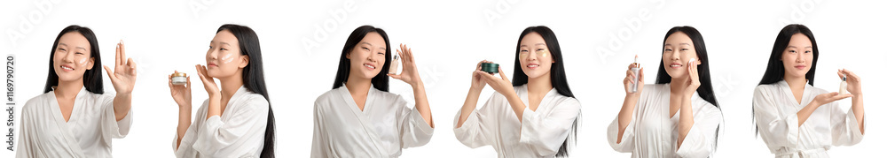Set of young Asian woman with skin care cosmetics on white background Set of young Asian woman with skin care cosmetics on white background