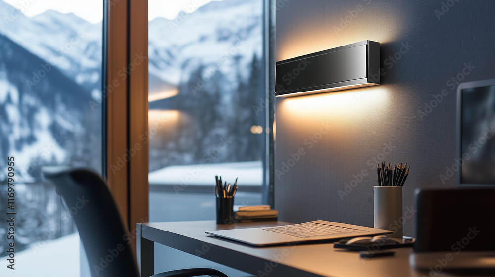 Fototapeta premium A stylish home office with a sleek wall-mounted heater, creating a cozy and productive atmosphere during colder months.