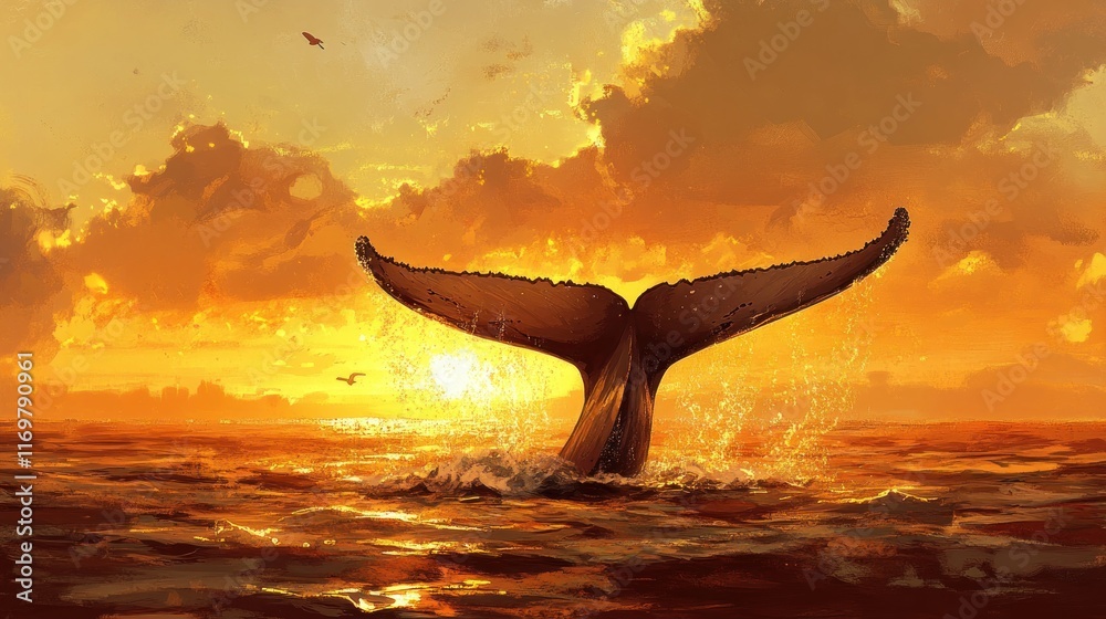 Fototapeta premium A whale's tail emerges from the ocean at sunset, creating a serene and captivating scene.