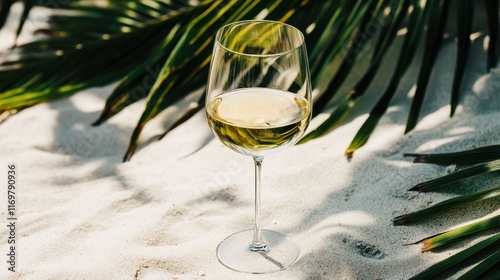 Glass of white wine resting on a sandy beach, surrounded by palm leaves, evoking a tropical summer vibe. photo