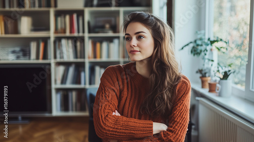 A stylishly dressed woman adjusting the radiator valve in her brightly lit home office  the background showing bookshelves and warm wooden flooring.