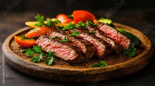 Grilled beef steak slices with fresh parsley and vegetables on a rustic wooden plate, highlighting a hearty and flavorful meal. photo