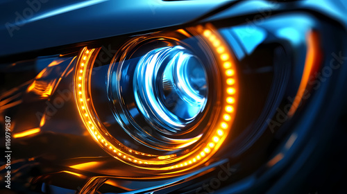 Detailed lens and led bulbs headlight glass reflecting ambient light. Shadowlight. Illustration