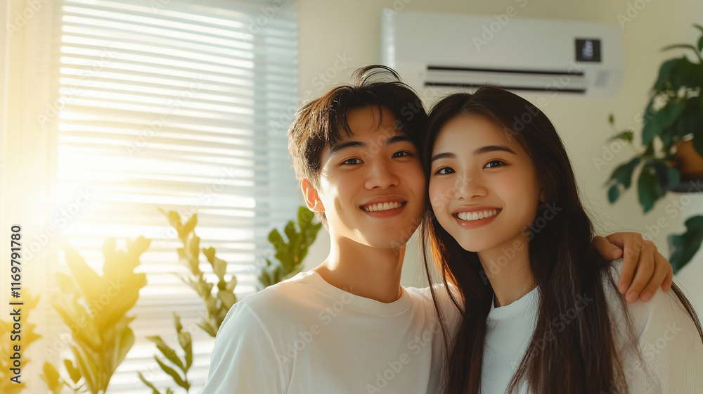 Obraz premium A happy Asian couple leaning playfully on their new air conditioner, surrounded by vibrant houseplants and sunlight-filled windows.