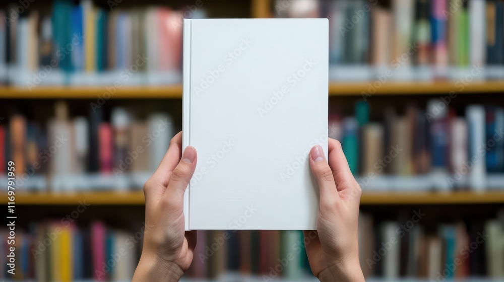 Hands hold a book with a blank white cover in a library setting, ideal for showcasing a mockup of book cover designs.
