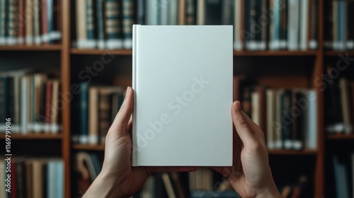 Hands hold a book with a blank white cover in a library setting, ideal for showcasing a mockup of book cover designs. photo