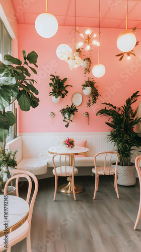 A cozy caf? interior featuring pink walls, plants, and stylish seating arrangements. Work from home product