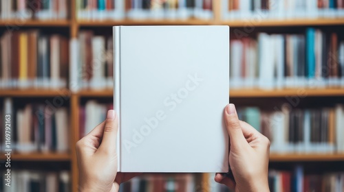 Hands hold a book with a blank white cover in a library setting, ideal for showcasing a mockup of book cover designs. photo