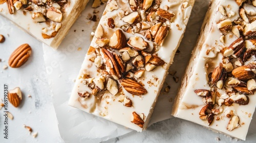 Homemade sweet white nougat bars adorned with a mix of nuts, presenting a delicious and artisanal treat. photo