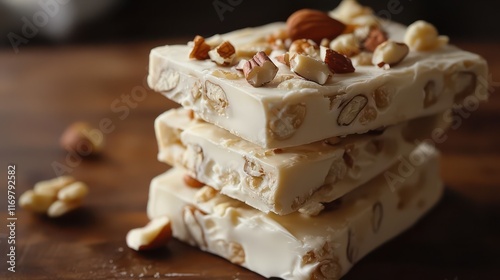 Homemade sweet white nougat bars adorned with a mix of nuts, presenting a delicious and artisanal treat.