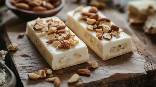 Homemade sweet white nougat bars adorned with a mix of nuts, presenting a delicious and artisanal treat. photo