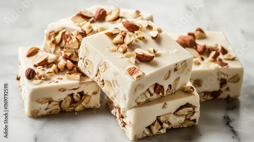 Homemade sweet white nougat bars adorned with a mix of nuts, presenting a delicious and artisanal treat.