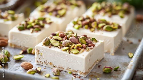 Homemade white nougat adorned with a mix of pistachios, almonds, and hazelnuts, displayed on a baking tray, offering a rich and nutty sweet treat. photo