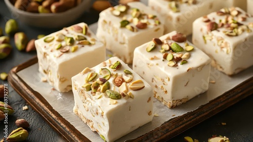 Homemade white nougat adorned with a mix of pistachios, almonds, and hazelnuts, displayed on a baking tray, offering a rich and nutty sweet treat. photo