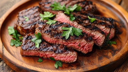 Juicy grilled steak slices garnished with fresh parsley on a rustic wooden plate, showcasing perfectly cooked and flavorful meat. photo