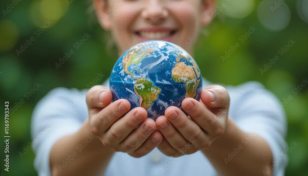 Close up of senior hands giving small planet earth to a child over defocused green background with copy space Close up of senior hands giving small planet earth to a child over defocused green background with copy space