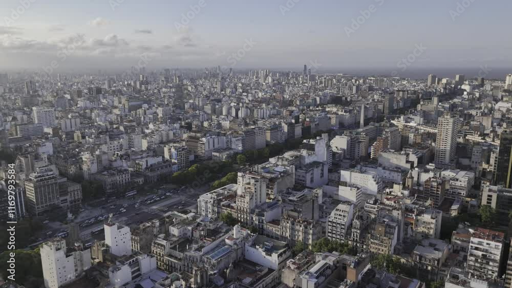 Drone flies toward Avenida 9 de Julio at very high altitude before sunset in Buenos Aires, Argentina Drone flies toward Avenida 9 de Julio at very high altitude before sunset in Buenos Aires, Argentina