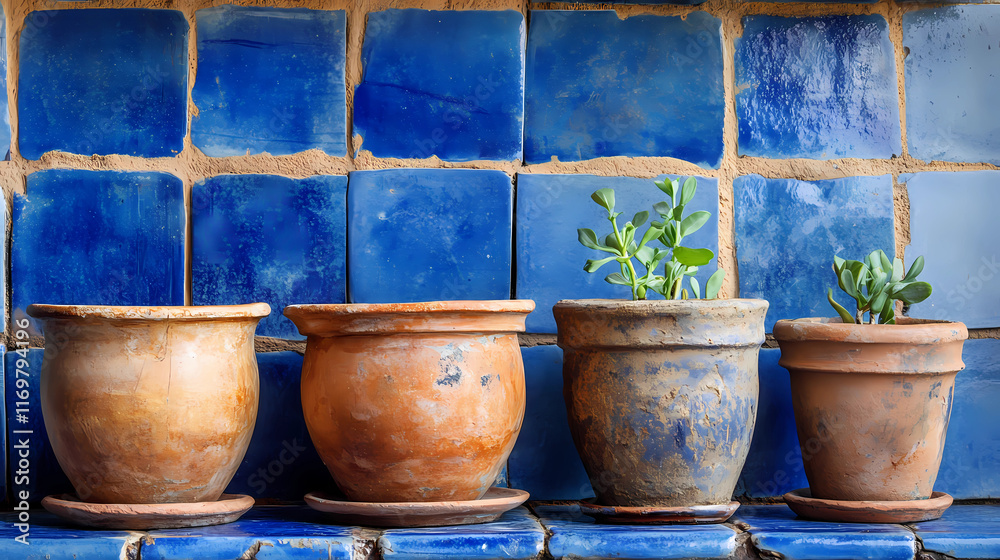 Handmade Clay Pots Against Cobalt Blue Tiles - Artistic Home Decor Handmade Clay Pots Against Cobalt Blue Tiles - Artistic Home Decor