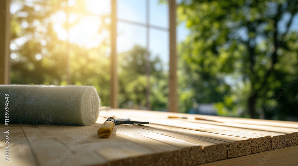 A detailed view of mineral wool insulation panels installed within a timber frame, with construction tools and sunlight enhancing the workspace. A detailed view of mineral wool insulation panels installed within a timber frame, with construction tools and sunlight enhancing the workspace.