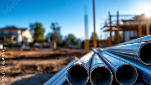 Wallpaper Mural A collection of PVC pipes stacked on an outdoor construction site, with a partially built structure in the background. Torontodigital.ca