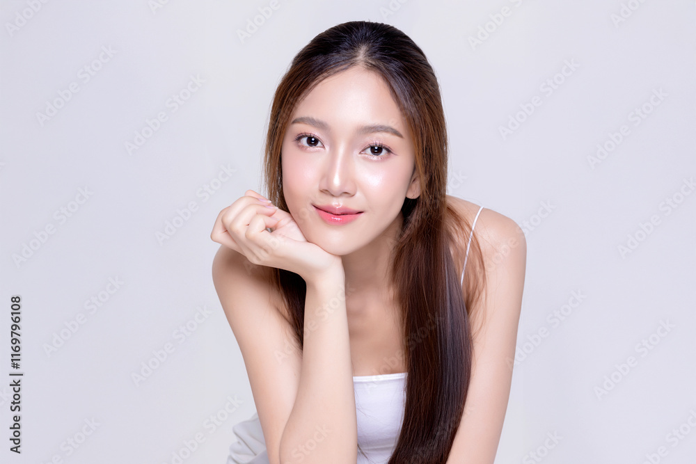 Beautiful long smooth hair Asian woman with happy clean skin face isolated on white background. Beautiful long smooth hair Asian woman with happy clean skin face isolated on white background.