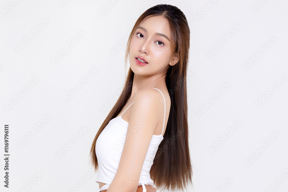 Beautiful long smooth hair Asian woman with happy clean skin face isolated on white background. Beautiful long smooth hair Asian woman with happy clean skin face isolated on white background.