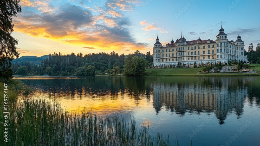 Fototapeta premium Photo of Prince Ch gradient blue sky with the reflection on water surface at sunset, distant view set in front and right side is rugged majestic grand building that looks like an mosque located near
