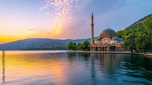 Photo of Prince Ch gradient blue sky with the reflection on water surface at sunset, distant view set in front and right side is rugged majestic grand building that looks like an mosque located near photo