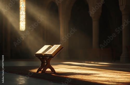 Quran on a wooden stand in a mosque interior with light shining from behind. This image is suitable for a book cover background with copy space. Stock photo contest winner. photo