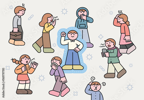People with the flu are walking around the streets. Among the crowd, a person with a strong immune system is striking a powerful pose. Cuttiny character with outline.