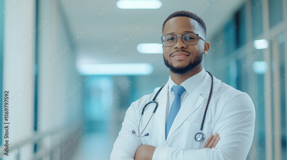 A confident doctor in a white coat and stethoscope around his neck, standing in a bright and modern hospital corridor. A confident doctor in a white coat and stethoscope around his neck, standing in a bright and modern hospital corridor.