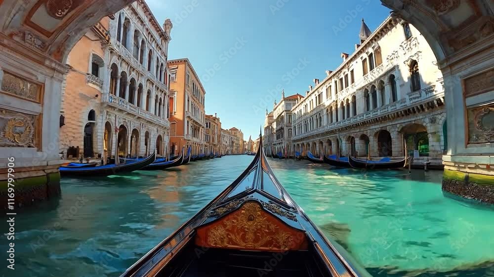 This gondola glides quietly through calm blue waters surrounded by historic architecture.