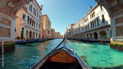 This gondola glides quietly through calm blue waters surrounded by historic architecture.