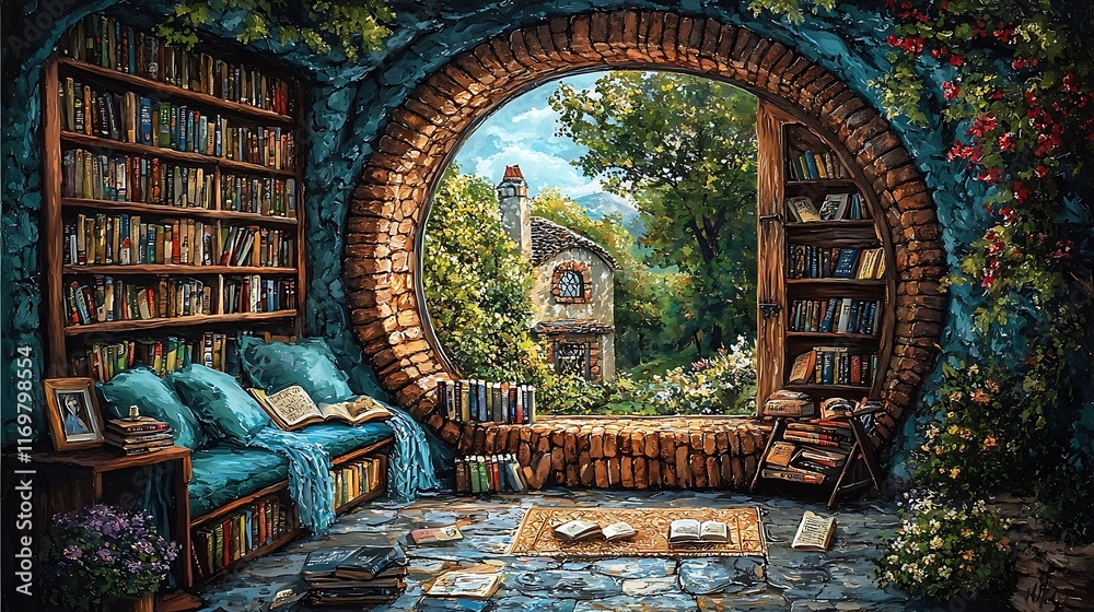 Enchanting Library Nook with Archway View of Rustic Cottage and Lush Garden. Enchanting Library Nook with Archway View of Rustic Cottage and Lush Garden.