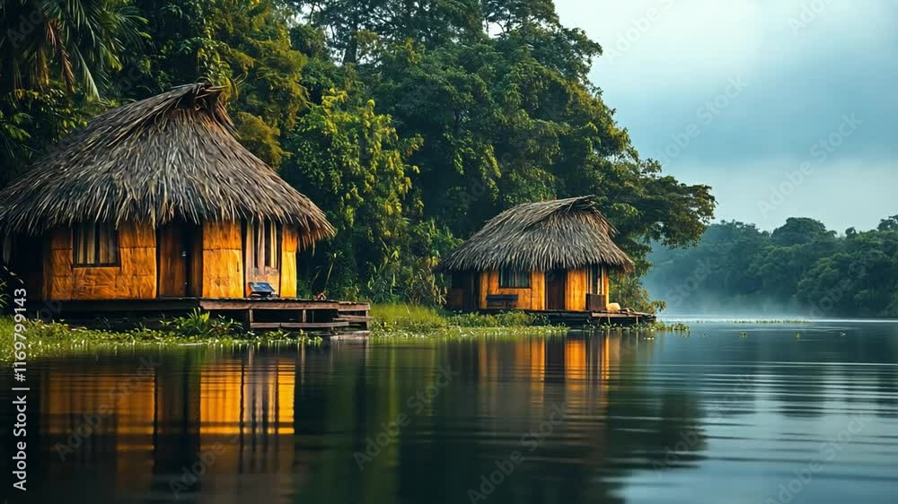 This Two huts by a calm river are surrounded by dense foliage in the morning light. This Two huts by a calm river are surrounded by dense foliage in the morning light.