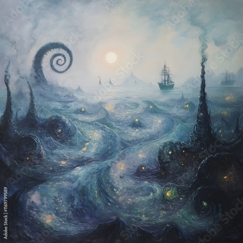 A whimsical cartoony painting depicting a surreal ocean scene. The artwork features vibrant colors, playful waves, and imaginative details that bring the dreamlike setting to life. The surreal element