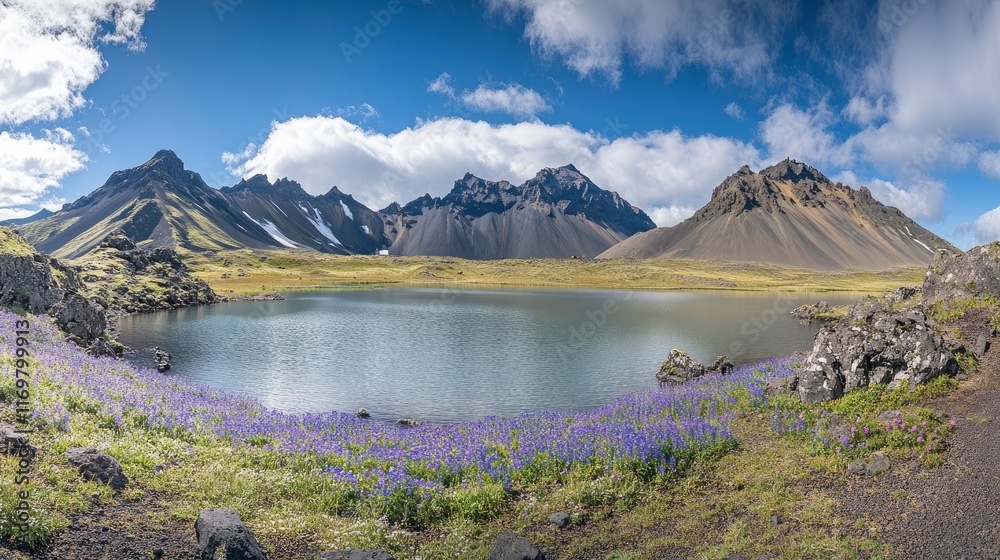 Fototapeta premium Stokksnes, Iceland landscape with beautiful nature scenery of vestron mountain range in summer with colorful blue sky and reflecting water lake surrounded. Beautiful natural landscape panorama 