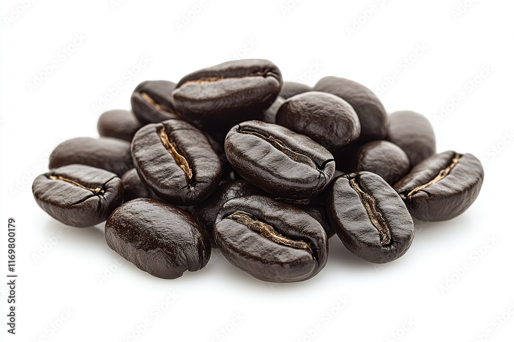 Naklejka premium A close-up view of a pile of dark roasted coffee beans, showcasing their rich brown color and texture.