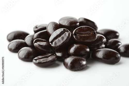 A close-up shot of a pile of dark roasted coffee beans. photo