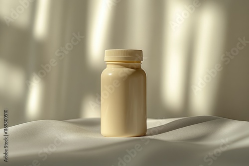 A beige plastic bottle sits on a white fabric, bathed in soft sunlight.