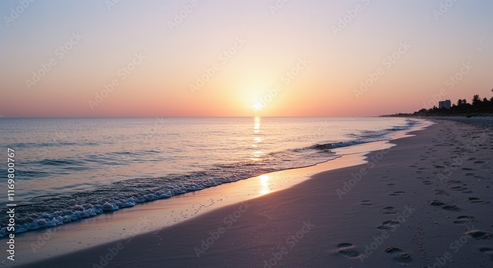 Naklejka premium Serene sunrise over tranquil beach with gentle waves and silhouetted horizon