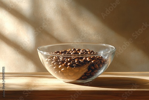A glass bowl filled with roasted coffee beans sits on a wooden surface, bathed in warm sunlight.