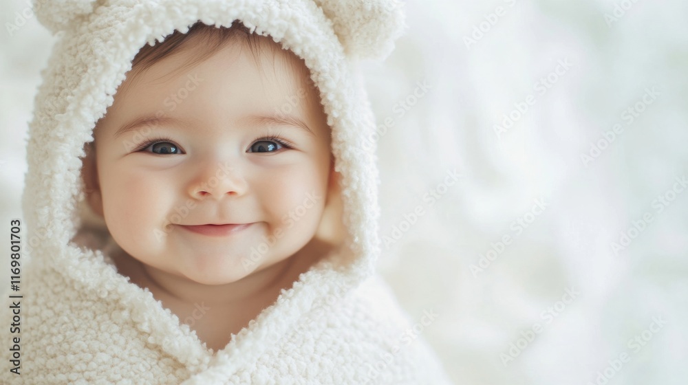 A joyful baby wrapped in a soft blanket beams with happiness, embodying warmth and innocence in a calming background A joyful baby wrapped in a soft blanket beams with happiness, embodying warmth and innocence in a calming background