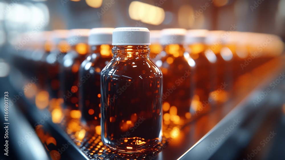 Amber glass bottles on conveyor belt in factory. Amber glass bottles on conveyor belt in factory.