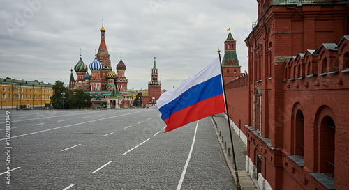 Empty Red Square Moscow Russia Kremlin Wall St Basil s Cathedral Russian Flag photo